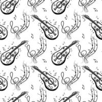 een naadloos patroon van muzikale symbolen, gitaar, ukelele, notities, viooltoetsen. handgetekende doodle-stijlelementen. vector illustratie