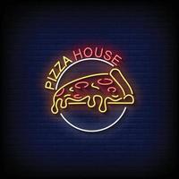 pizza huis neon teken op bakstenen muur achtergrond vector