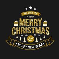 we wensen je een heel vrolijk kerstfeest en een gelukkig nieuwjaar stempel, sticker set met sneeuwvlokken, kerstboom, cadeau. vector. vintage typografieontwerp voor Kerstmis, nieuwjaarembleem in retrostijl vector