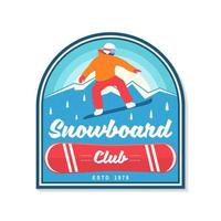 snowboardclub. vector. concept voor patch, shirt, print, stempel of tee. vintage typografieontwerp met snowboarder en bergsilhouet. extreme sporten. vector