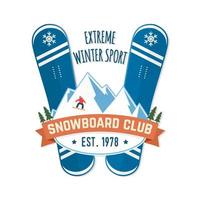 snowboardclub. vectorillustratie. concept voor shirt, patch, print, stempel. vintage typografieontwerp met snowboard en bergsilhouet. extreme wintersport. vector