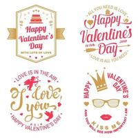 set van happy Valentijnsdag teken. stempel, kaart met kroon, lippen en glazen vogel, amoer, pijl, hart. vector. vintage typografieontwerp voor uitnodigingen, Valentijnsdag romantisch vieringsembleem vector