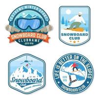 set snowboardclub-patches. vector. concept voor patch, shirt, print, stempel of tee. vintage typografieontwerp met snowboarder en bergsilhouet. extreme sporten. vector