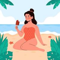 vrouw in zwembroek zonnebaden op het strand en ijs eten vector