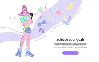 dieet en fitness training planner toepassingsconcept. gezonde voeding, gewicht los en sportactiviteit banner met vrouw stripfiguur met smartphone app voor diëten, platte vectorillustratie. vector