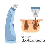 vacuüm mee-eter verwijderaar vectorillustratie met lagen dermis en poriën. elektrisch gezichtsapparaat voor huidverzorging en wassen in een doodle cartoon-stijl. verwijdering van comedo en dode cellen vector