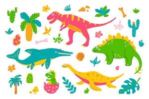 heldere set van dinosaurussen en planten op een witte achtergrond in de hand getekende stijl, vector platte illustratie voor kinderen