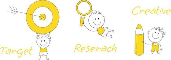 cartoon afbeelding van een lachend kind. doel, onderzoek, creatief. kan worden gebruikt voor ontwerpdoeleinden. vector