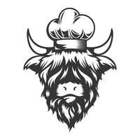 highland koe kok hoofd ontwerp met koksmuts. boerderijdier. koeien logo's of pictogrammen. vectorillustratie. vector