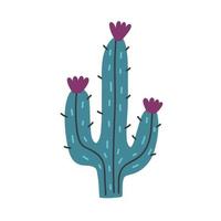 blauwe stekelige cactus met paarse bloemen doodle vector