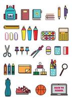 set van schoolbenodigdheden. kleurrijke items voor het onderwijs. vector pictogram illustratie.