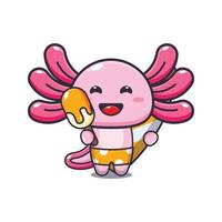 schattig axolotl stripfiguur mascotte met surfplank met ijs vector