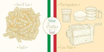 Italiaans eten vormige pasta fusilli en hoofdingrediënten en apparatuur voor pastamakers koken, illustratie schetsen in vintage stijl vector