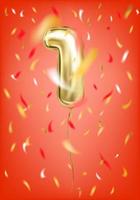 feestelijke gouden ballon één 1-cijferig en folieconfetti op gala rode achtergrond vector