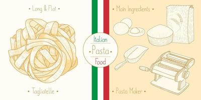 Italiaans eten tagliatelle pasta en hoofdingrediënten en apparatuur voor pastamakers koken, illustratie schetsen in vintage stijl vector