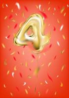 feestelijke gouden ballon vier 4-cijferige en folieconfettien op gala rode achtergrond vector