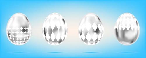 vier zilveren eieren op de hemelsblauwe achtergrond. geïsoleerde objecten voor Pasen decoratie. kruis en domino-rumb sierlijk vector