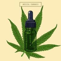 medicinale cannabis marihuana negenpuntig blad en groene druppelaar, met de hand getekende illustratie in een retro-stijl vector