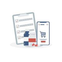 online apotheek in een mobiele app op een witte achtergrond. smartphone, boodschappenlijstje, medische benodigdheden, flessen vloeistoffen en pillen. vector