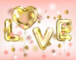 liefdesbelettering door gouden folieballonnen in roze confetti vector
