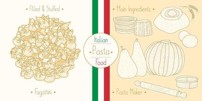 Italiaans eten gevulde fagottini pasta met vulling en hoofdingrediënten en apparatuur voor pastamakers koken, illustratie schetsen in vintage stijl vector