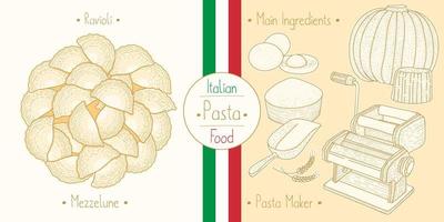 Italiaans eten pasta met vulling ravioli mezzelune, illustratie schetsen in de vintage stijl vector