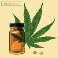 medicinale cannabis marihuana negenpuntig blad en flesje en pillen, met de hand getekende illustratie in een retro-stijl vector