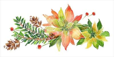 kerstboeket met poinsettia en ale takken. decorvignet voor leuke kerst- en nieuwjaarswensen en uitnodigingen vector