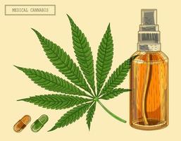 medicinale cannabis marihuana negenpuntig blad en fles, met de hand getekende illustratie in een retro-stijl vector