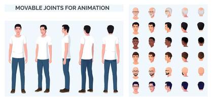 het maken van stripfiguren met een casual man met een wit t-shirt en een blauwe spijkerbroek, voor-, achter- en zijaanzicht met meerdere rassen en etniciteiten vector
