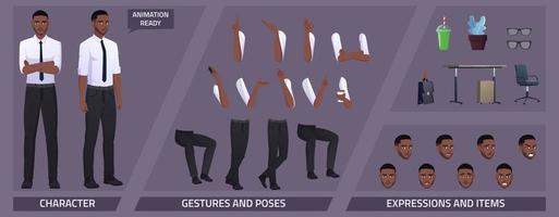 gestileerde zakelijke karakters voor animatie met zwarte man en enkele lichaamsdelen en kantoorartikelen vector