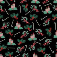 Kerstmis en Nieuwjaar vector naadloze patroon. vuren takken versierd met kerst snoep stokken lolly's.