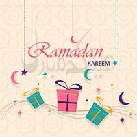ramadan kareem wenskaart. belettering op de achtergrond vertaalt zich als eid mubarak. bruikbaar voor wenskaart, achtergrond. arabische letters vector