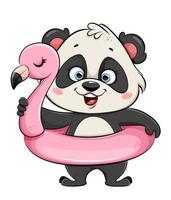 schattige panda met zwembad opblaasbare flamingo vector