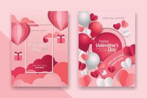 Valentijnsdag concept posters set met rode 3d en roze papieren harten en frame op geometrische achtergrond. schattige liefdesverkoopbanners of wenskaarten vector