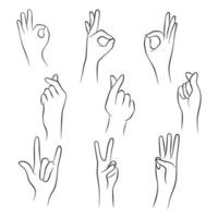 handen set elementen poseren. maak een symbolisch gebaar ok, mini hartje, punt. vectorillustratie. vector