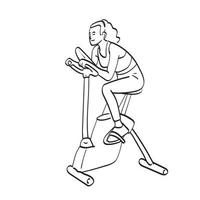 sportieve vrouw spinnen op een cyclette illustratie vector hand getekend geïsoleerd op een witte achtergrond lijntekeningen.