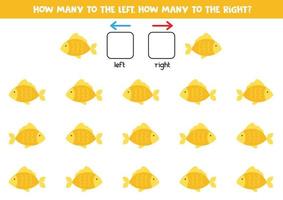 links of rechts met schattige gele vissen. logisch werkblad voor kleuters. vector