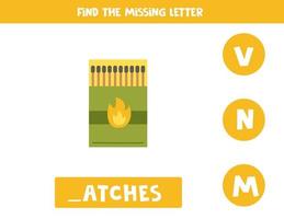 zoek ontbrekende letter met kampeerlucifers. werkblad spelling. vector