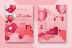 Valentijnsdag concept posters set met rode 3d en roze papieren harten en frame op geometrische achtergrond. schattige liefdesverkoopbanners of wenskaarten vector