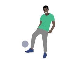 zwarte amateur man schoppen de bal met zijn voet, vector geïsoleerd op een witte achtergrond, portret van een man met een voetbal