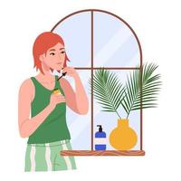 meisje past natuurlijke cosmetica toe voor dagelijkse huidverzorging. ochtend routine. moderne platte vectorillustratie geïsoleerd op een witte achtergrond. vector