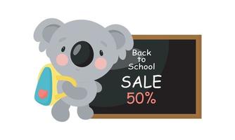 terug naar school verkoop vector banner met schattige koala en verkoop tekst op een witte achtergrond. vectorillustratie in cartoon-stijl.