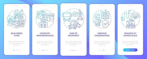 stedelijke ontwerpprincipes blauw verloop onboarding mobiele app-scherm. walkthrough 5 stappen grafische instructiepagina's met lineaire concepten. ui, ux, gui-sjabloon. vector