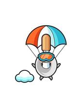 kooklepel mascotte cartoon is parachutespringen met een gelukkig gebaar vector
