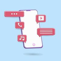 3D-chat bubble smartphone icoon vector afspelen van media, telefoon, muziek en katten met vrienden op sociale media