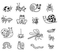 vector collectie van schattige insecten. lineaire hand getrokken doodle. geïsoleerde decoratieve karakters kikker, slak, kevers en spin, libel en bij, lieveheersbeestje en mug voor ontwerp, decor, decoratie