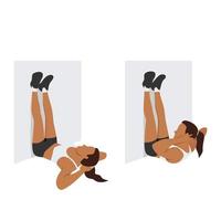 vrouw doet benen op de muur crunch oefening. platte vectorillustratie geïsoleerd op een witte achtergrond vector
