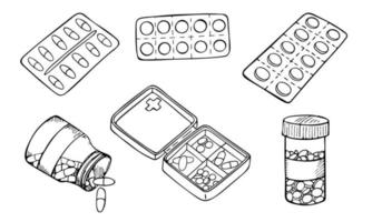 vector schets set pillen blisterverpakking geïsoleerd op een witte achtergrond. hand getrokken pillen icoon. doodle medische illustratie. voor print, web, ontwerp, decor, logo.