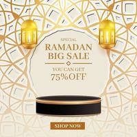 super sale ramadan kareem banner met een leeg podium, sociale mediasite met lantaarn en wolken 3d vector